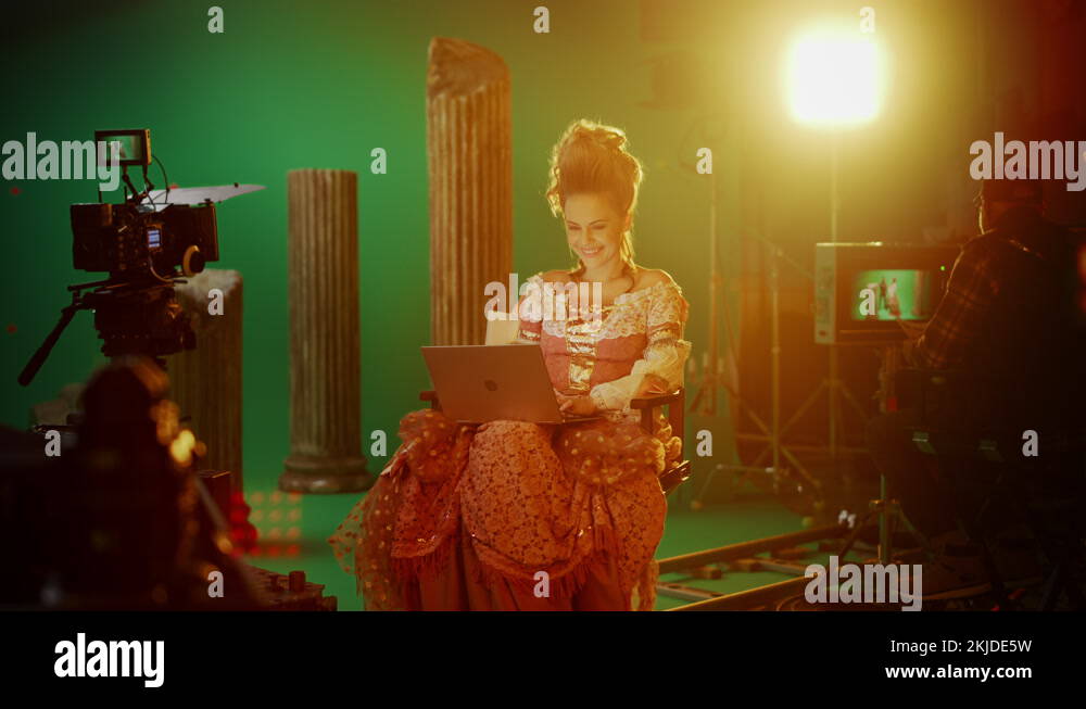 Actress Using Computer Film Studio Historic Movie Actress Using Laptop on Green Screen Set ...