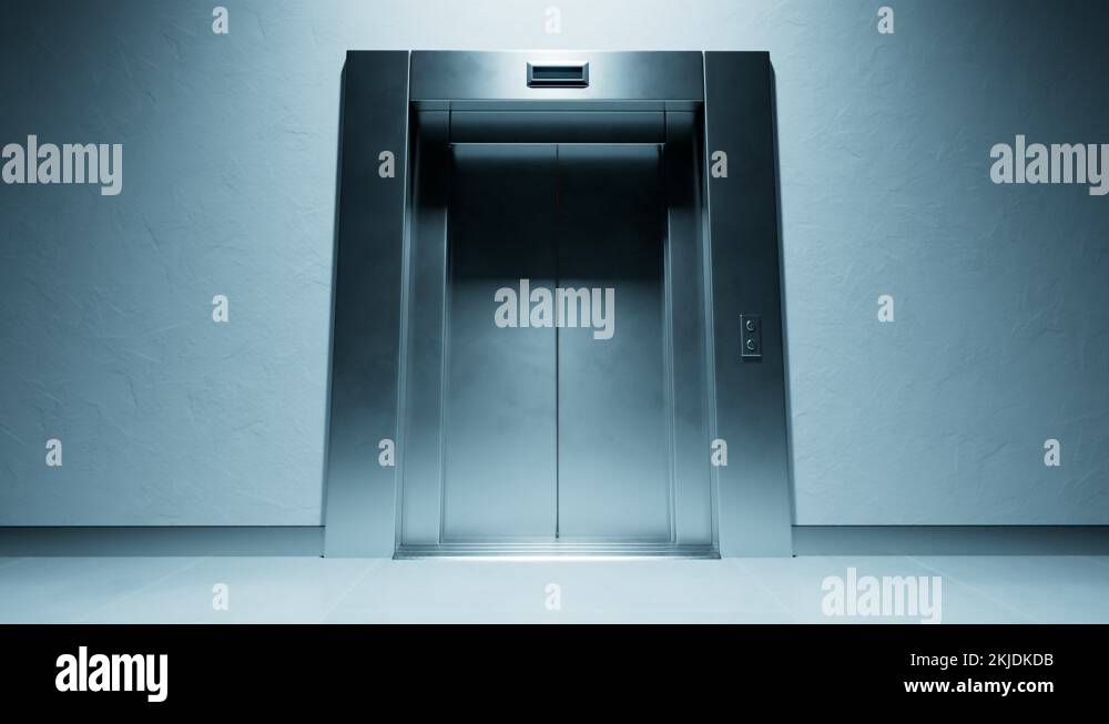 Elegant brushed steel elevator door opens revealing a deep, empty shaft