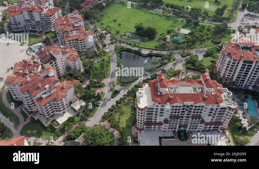 4K aerial view of the prestige residential homes on the Fisher Island
