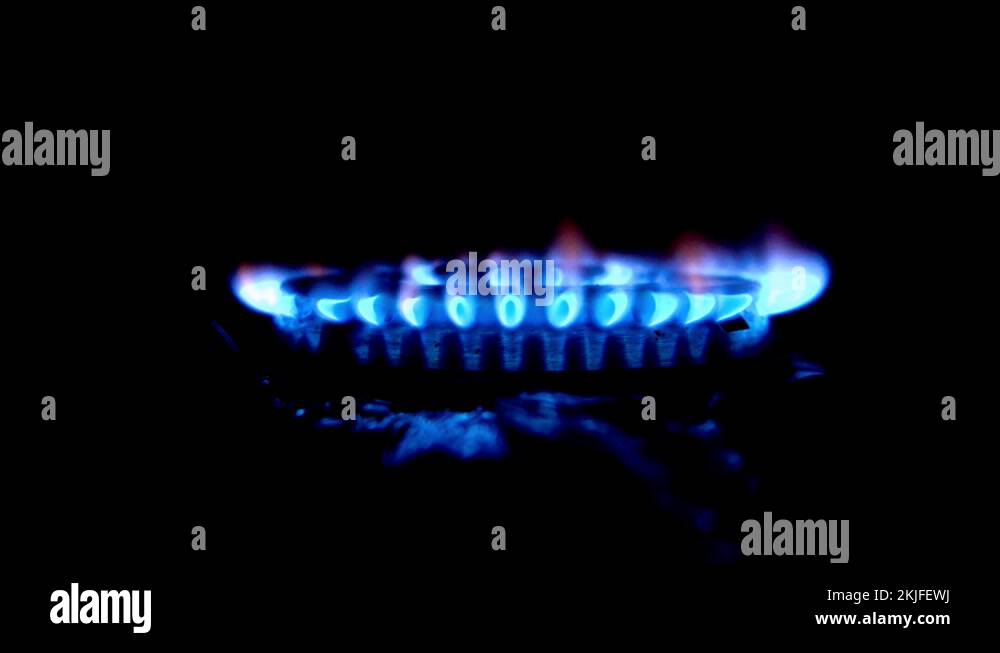 Gas burns with a blue flame in a stove burner. Dark background, close