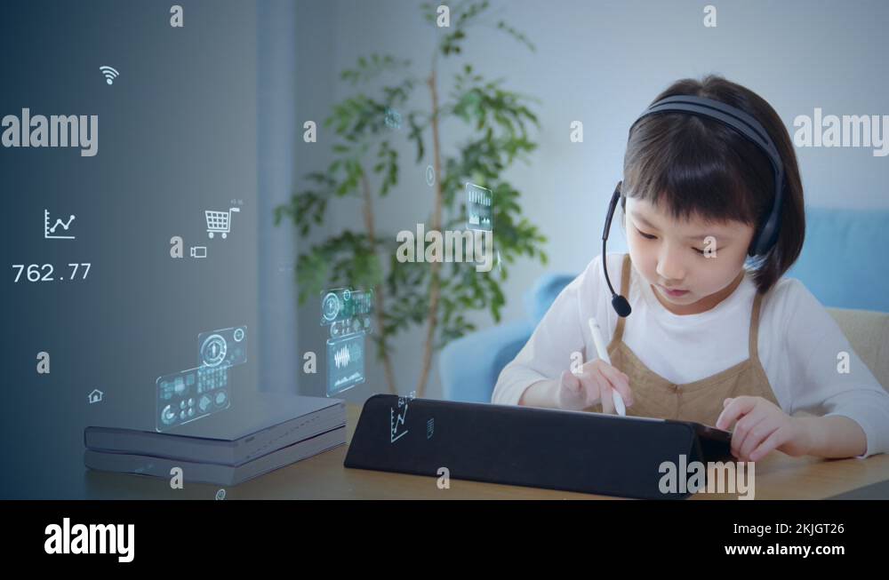 Online education concept. Online class. Asian little girl studying at ...