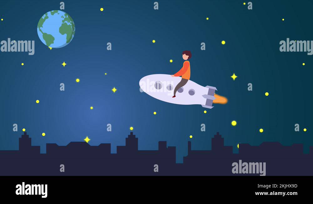 Little boy animation riding a rocket in night sky Stock Video Footage ...