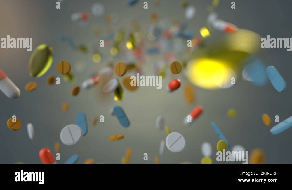 Assorted medicine drugs are hanging in the air 3D render seamless loop ...