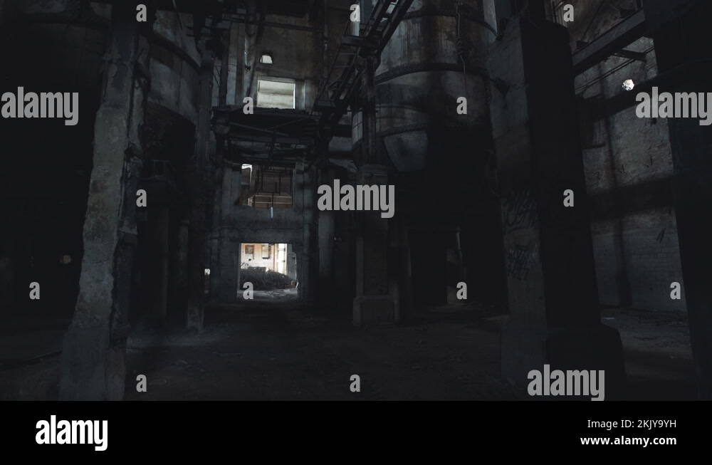 Gloomy boiler room of the old factory. Abandoned German pulp mill Stock