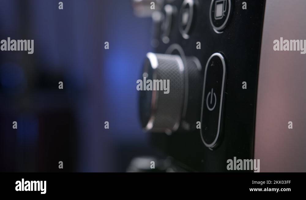 Man pressing black button on the coffee machine to turn off coffee machine Stock Video Footage