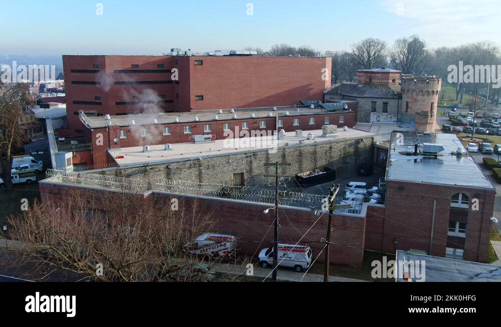 Correctional facility building, county jail, aerial view of main