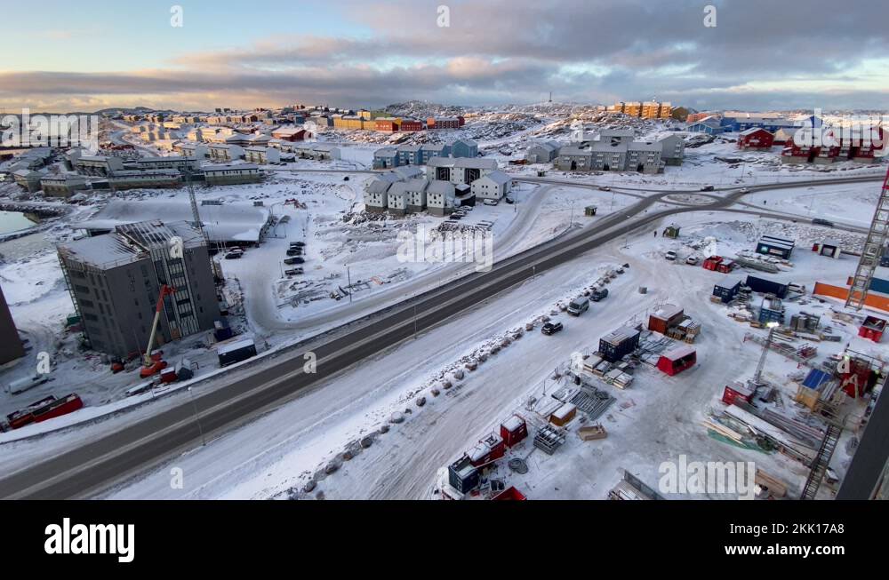 Nuuk, Capital of Greenland. Nuussuaq district, cars passing by. Early