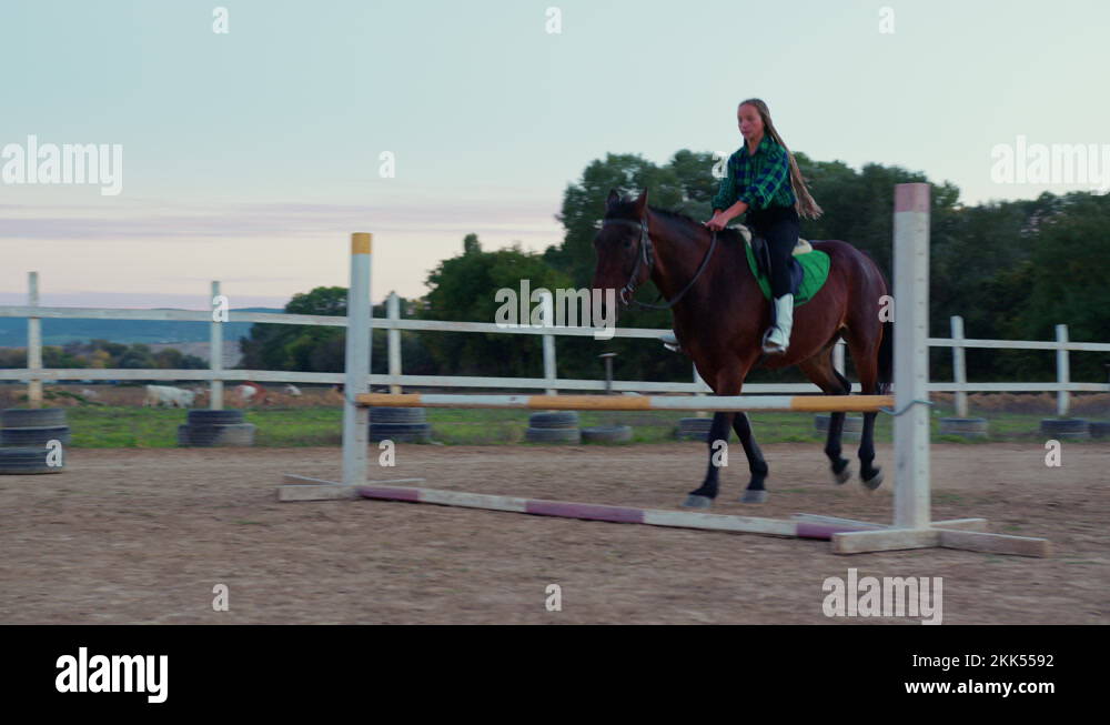 A teenage girl astride the horse jumping the hurdles Stock Video