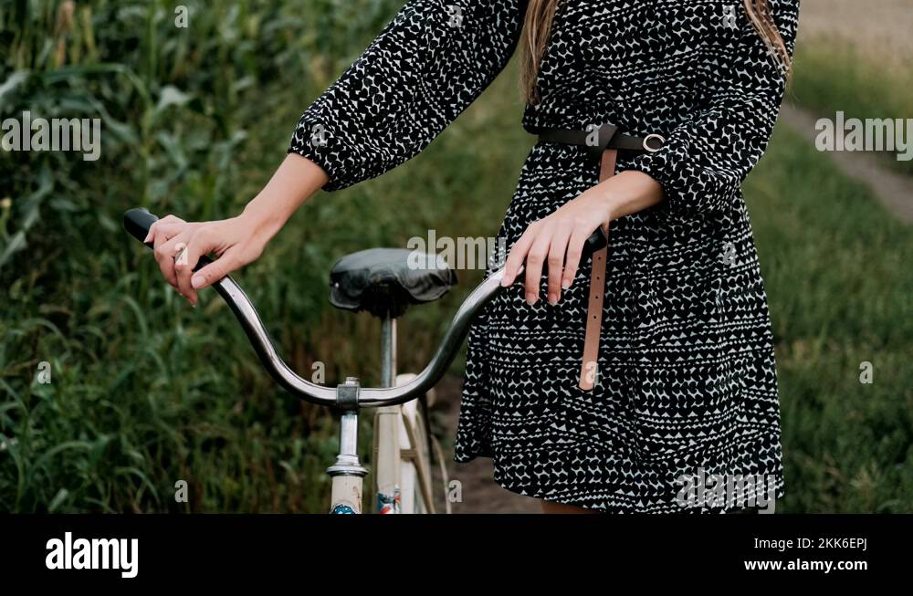 Beautiful Girl Rides An Old Bicycle Through Village Field Happy Girl