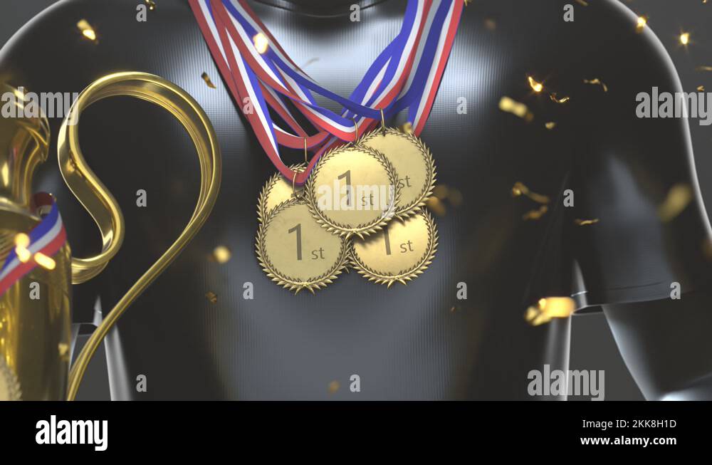 A winner with medals on his chest with gold cups in hands. First prize