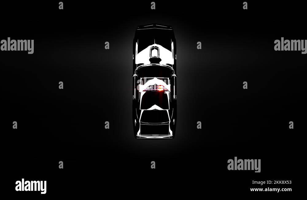 Top view of black and white police car with flashing lights, camera