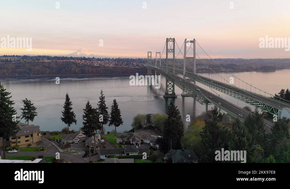 Narrows Bridges Elevate Mt Rainier Visable Stock Video Footage Alamy