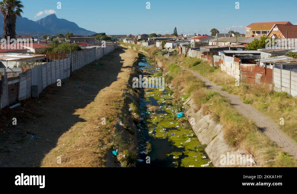 Water pollution. Aerial horrific plastic pollution in waterways, South
