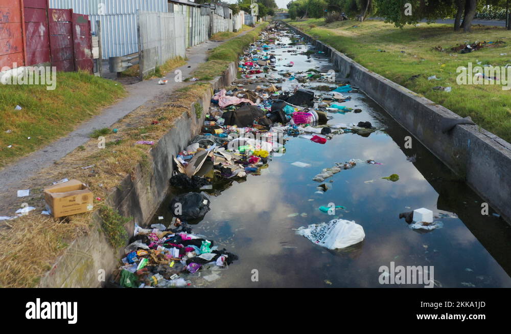 Water pollution. Aerial horrific plastic pollution in waterways, South