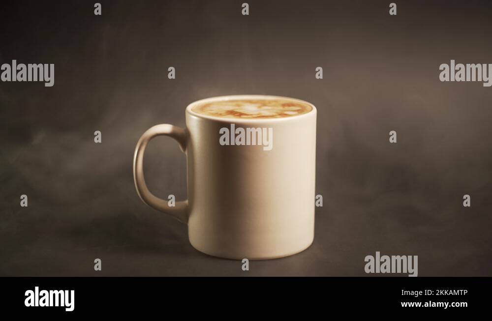 Mug Of Espresso Coffee With Foam In Black Background And Smoke - studio ...