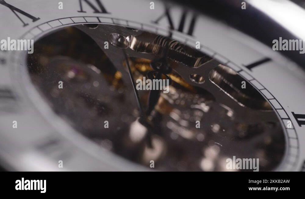 Mechanical Pocket Watch With Visible Gears And Hand Ticking, macro