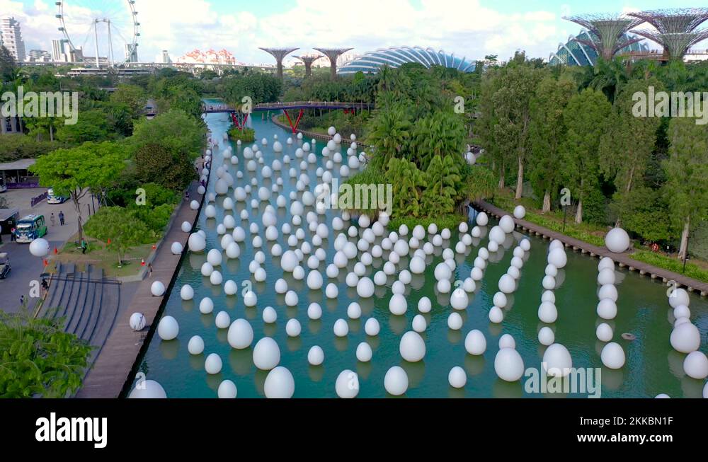 Installation of white eggs floating in water. Eggs are among seven