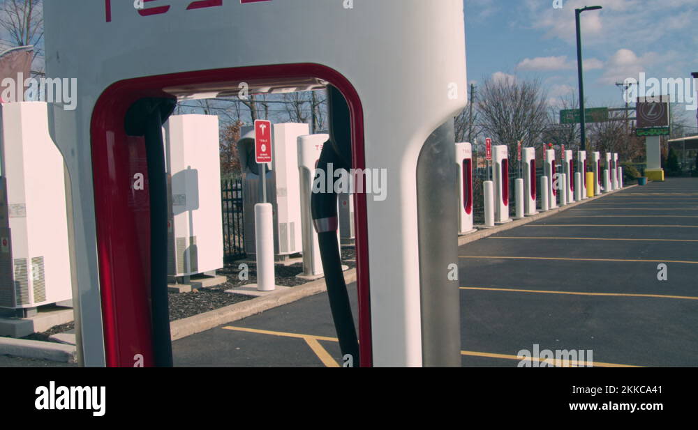 Tesla Electric Car, Supercharger Charging Station. Close up Stock Video