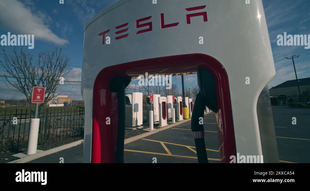 Tesla Electric Car, Supercharger Charging Station Stock Video Footage ...