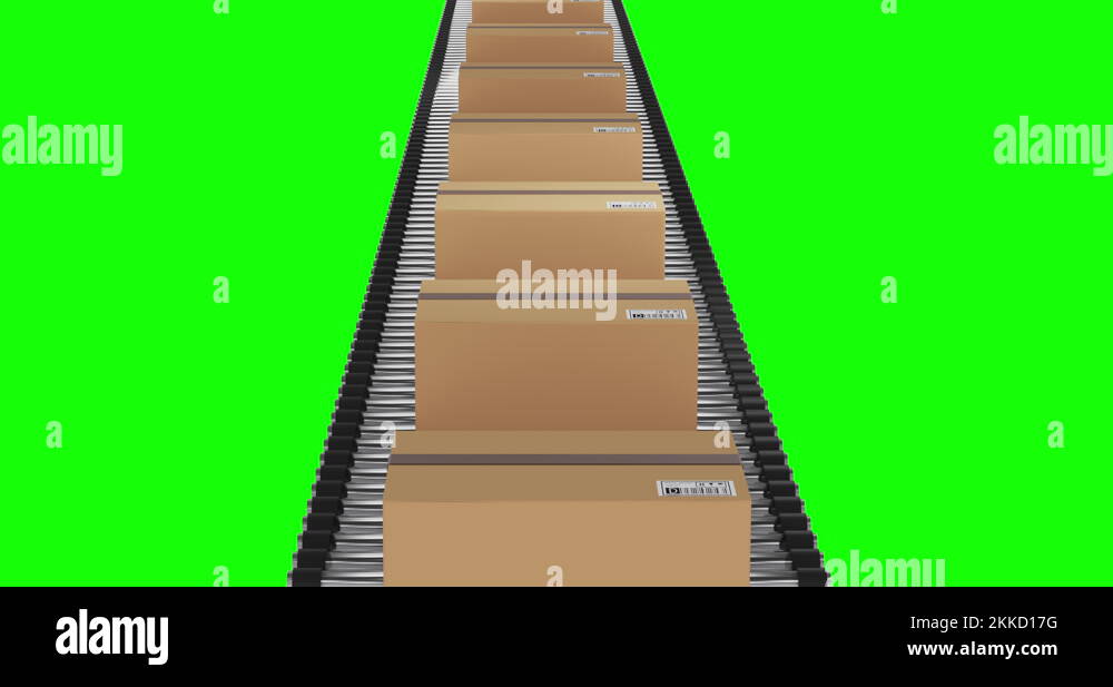 Single row of cardboard packing boxes moving on conveyor belt with