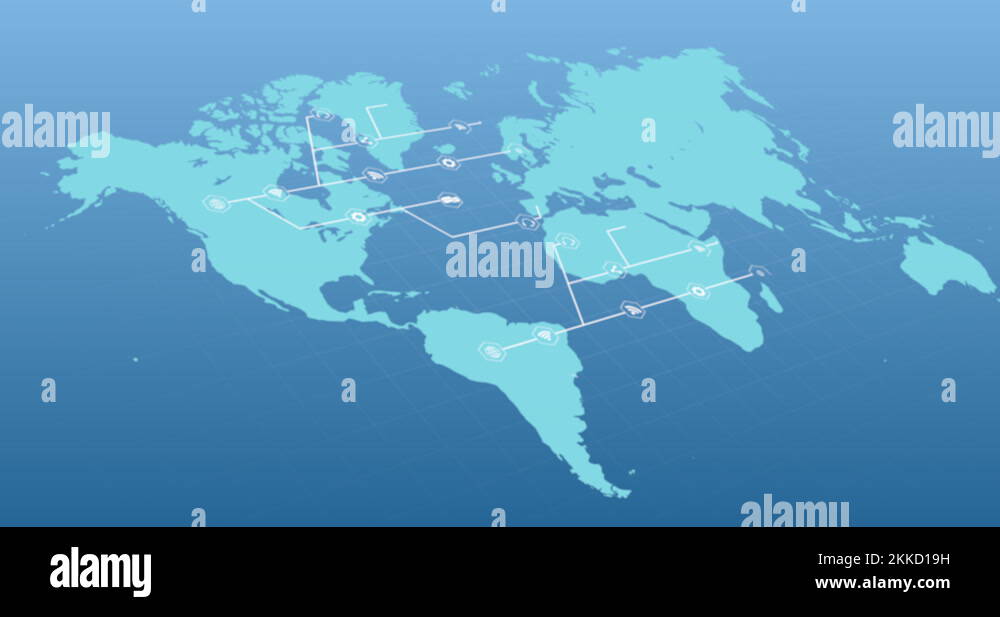 Blue world map with growing white network of connected icons on black ...