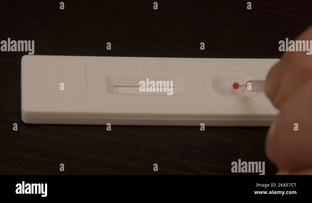 pipette placing drop of blood on Covid19 rapid self test close Stock