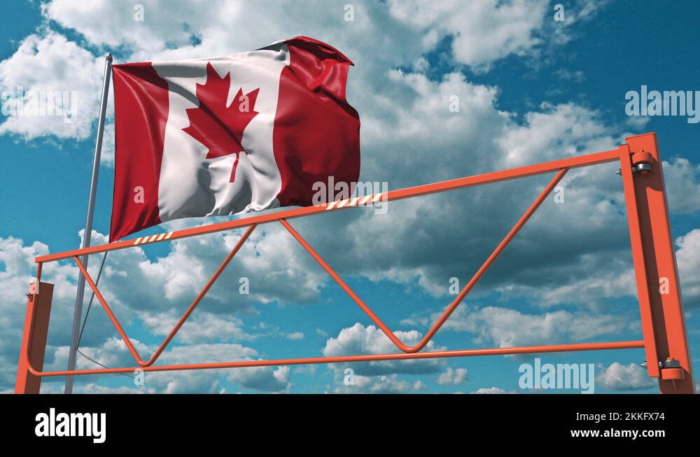 Flag of Canada and swing arm barrier. Entry ban conceptual 3d animation