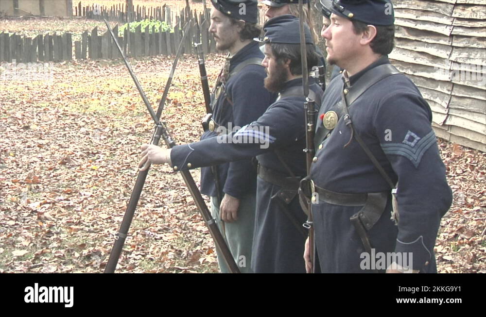 Civil War Union Soldier Reenactors in Formation, drills with Muskets