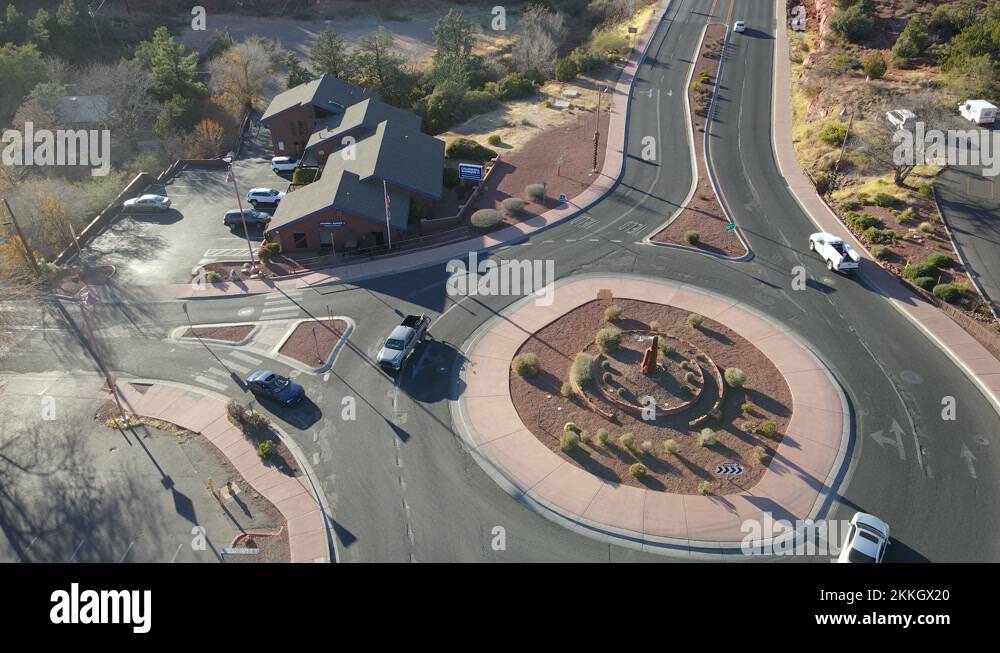 Road traffic on roundabout in Sedona, Arizona, USA. Aerial view Stock
