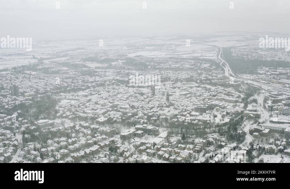 Drone Aerial of the university city Göttingen after snow storm tristan ...