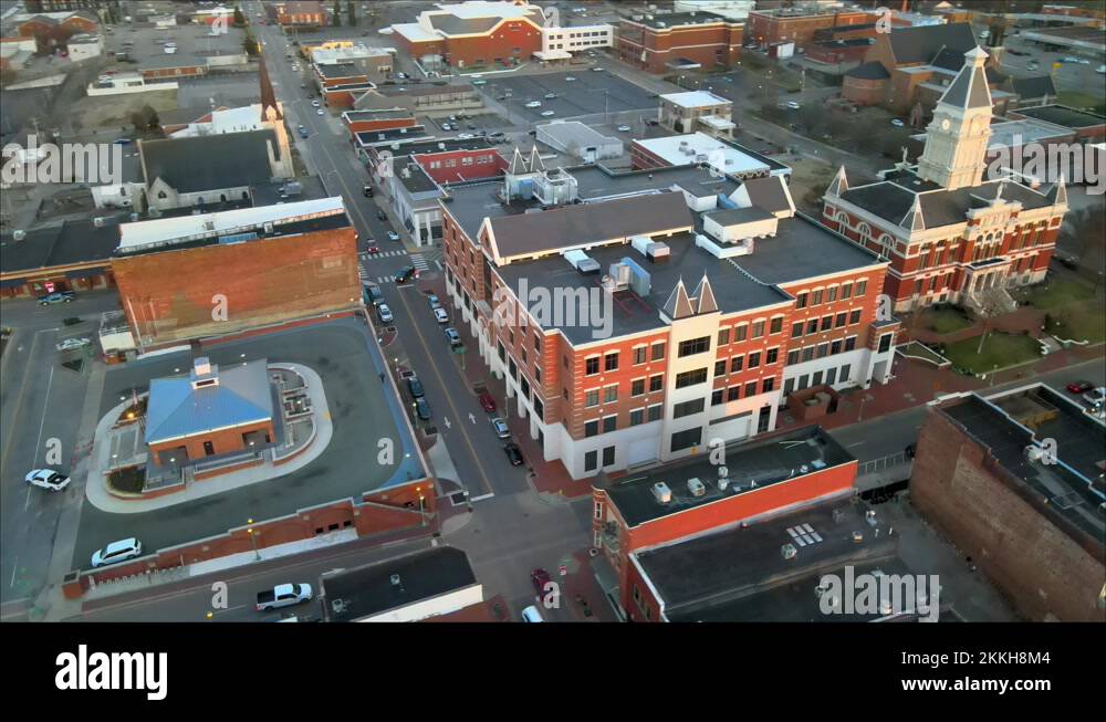 Orbit shot of downtown Clarksville courthouse, and the adjoining bus