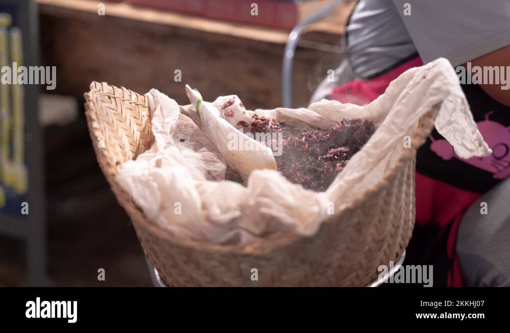 Hot Black Sticky Rice Being Sold In Thailand. close up Stock Video