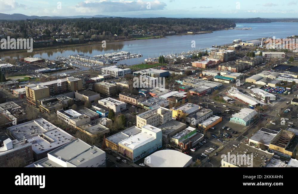 Cinematic drone trucking shot of the Port of Olympia, West Bay, Northwest Stock Video Footage