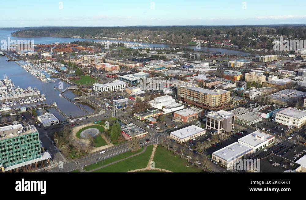 Cinematic panning drone bird'seye footage of the Port of Olympia Stock
