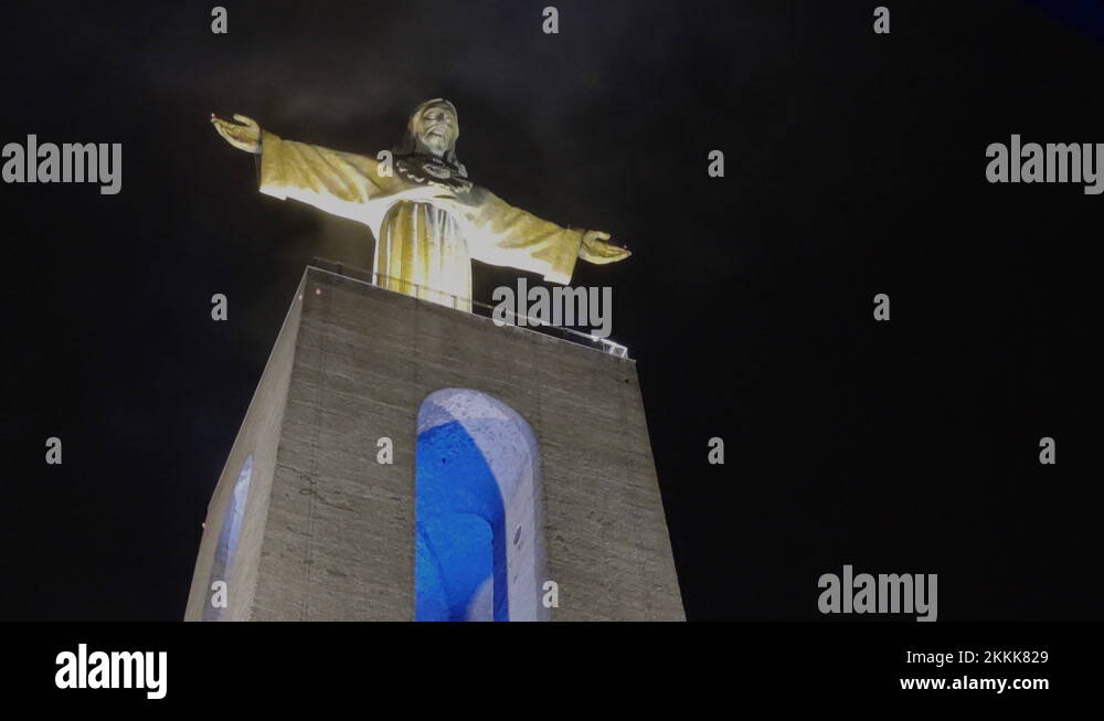 Night Fog Moving Above The Statue Of Christ. Sanctuary Of Christ The
