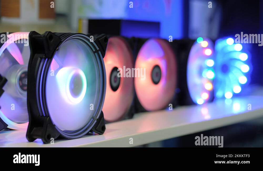 Many colorful coolers, cooling fans with neon LED light at computer