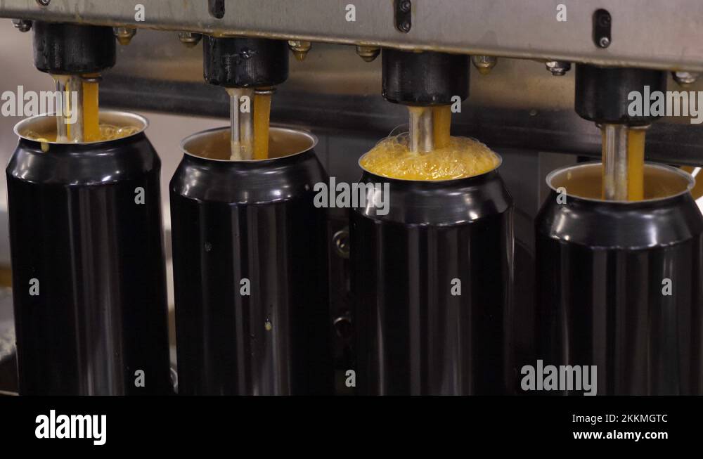 Empty beer cans are filled with fruit beer at the brewery's filling