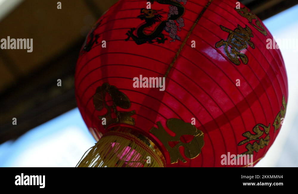 Closeup Panning Red Chinese lantern hanging at Chinatown San