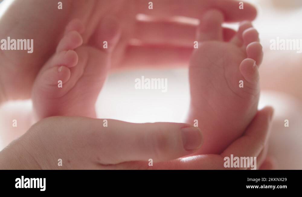 Baby feet in mother's hands. Small feet of newborn baby in the hands of