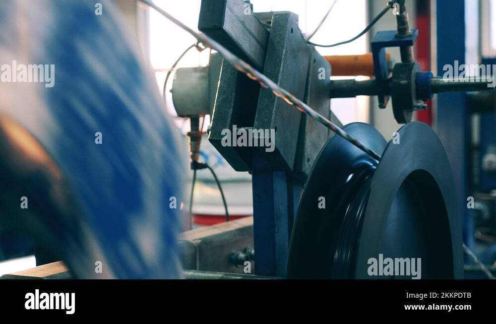 Electrical wire production process at a cable manufacturing plant Stock