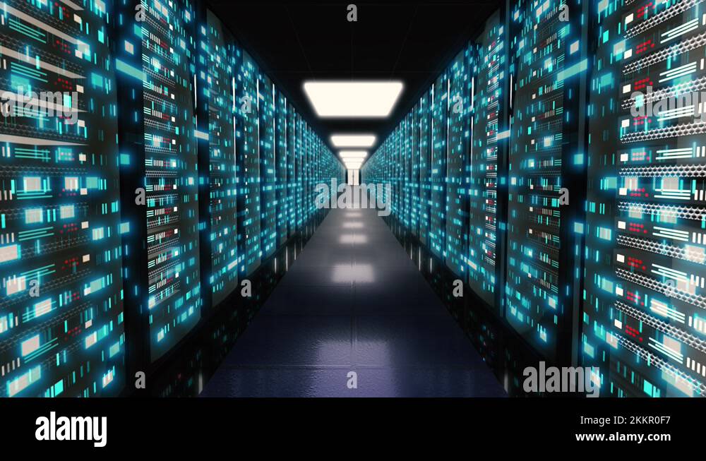 Server room with servers behind glass panels in data center or ISP. Big