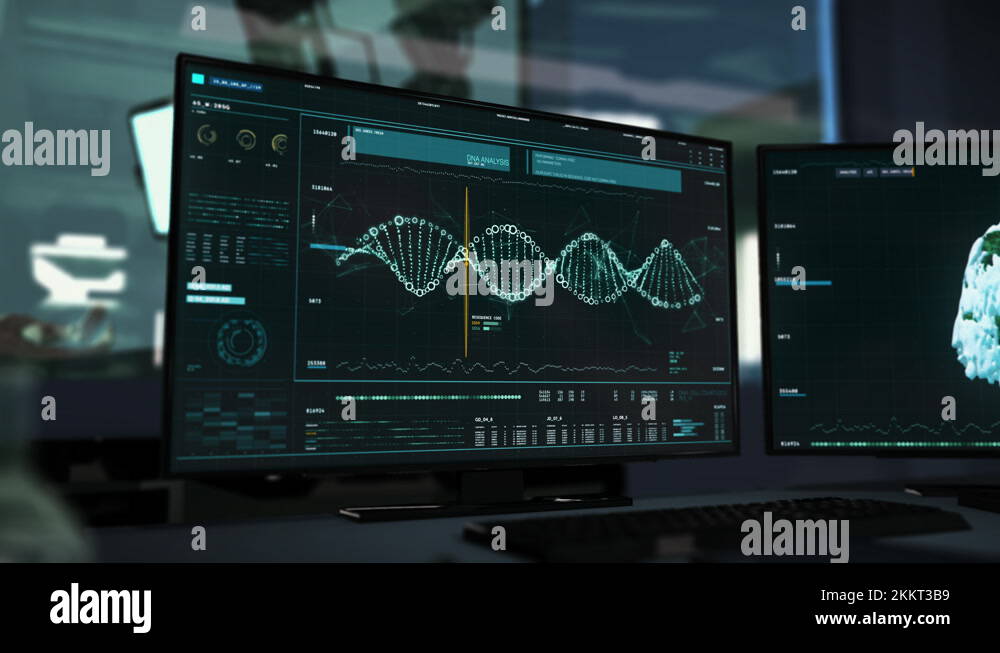 DNA structure analysis on a dark monitor. Biomedical advanced software ...