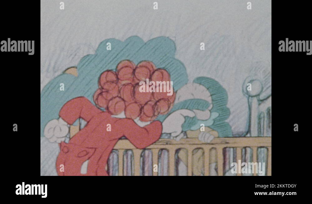 1970s Baby stands in crib crying. Child appears and plays with crying baby. Man Stock Video