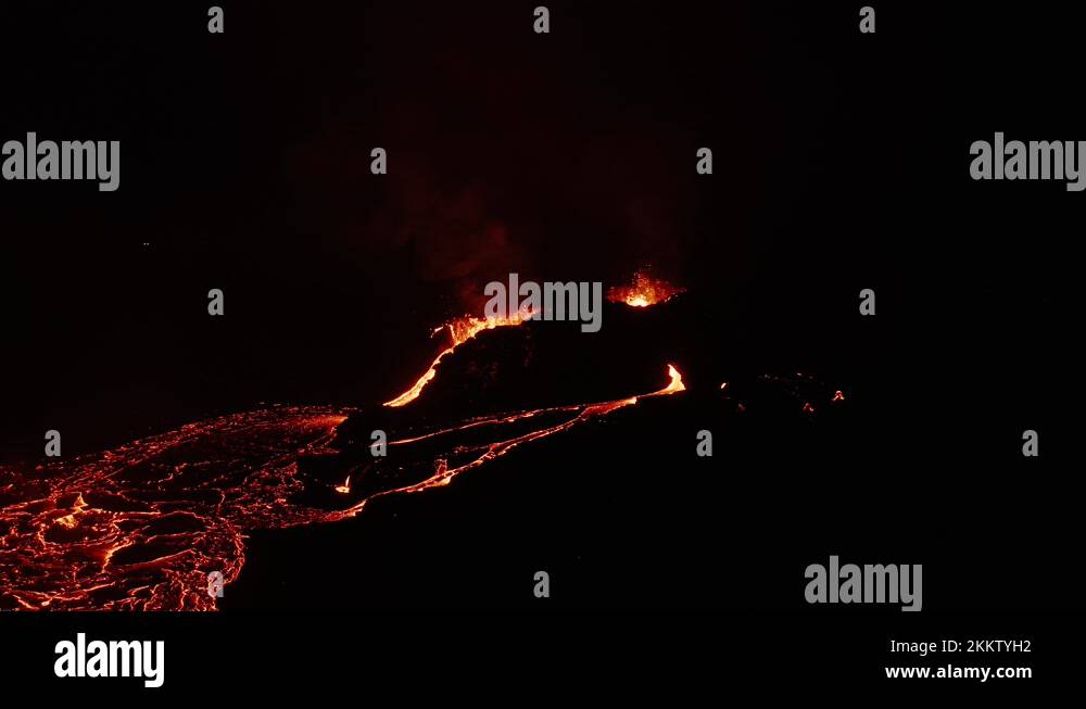 Hot molten magma explodes from crater in Iceland at night ...