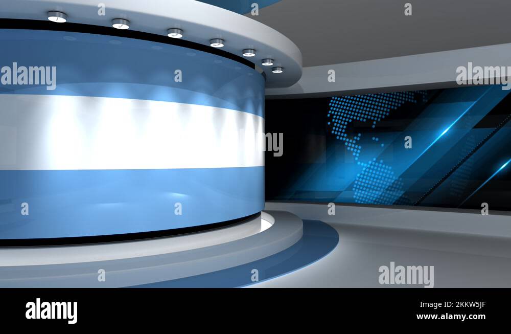 TV studio. Light blue background. Loop animation. News studio. 3d ...