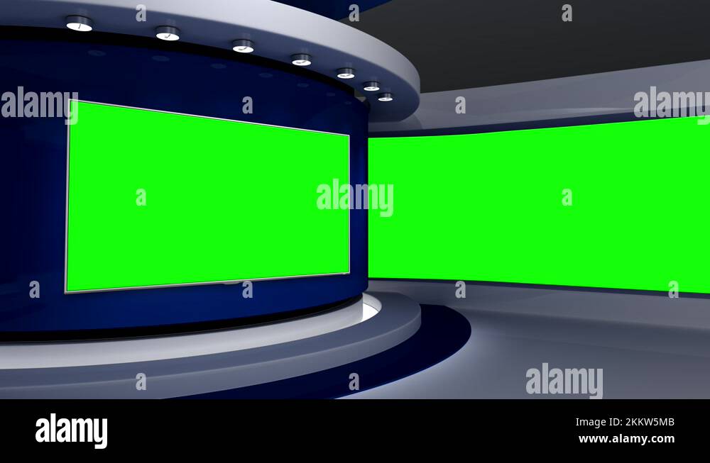 TV studio. Blue background. Green screen background. News studio Stock