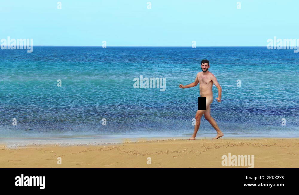 Nude happy man jump nudist beach sea. Censored dick naked people. Crazy nidism Stock Video