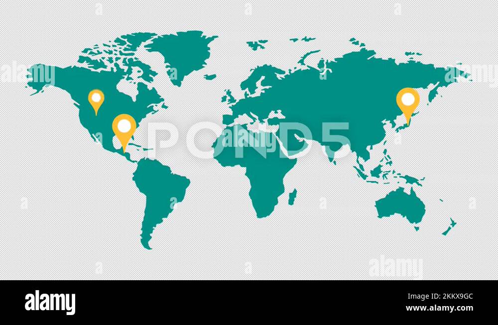 World map pin animation. World map with geolocation markers motion