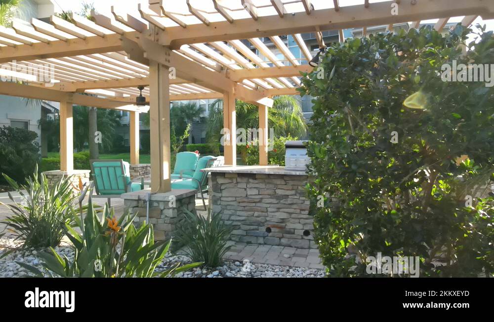 perfect rail cam view of arbor trellis area in an apartment complex