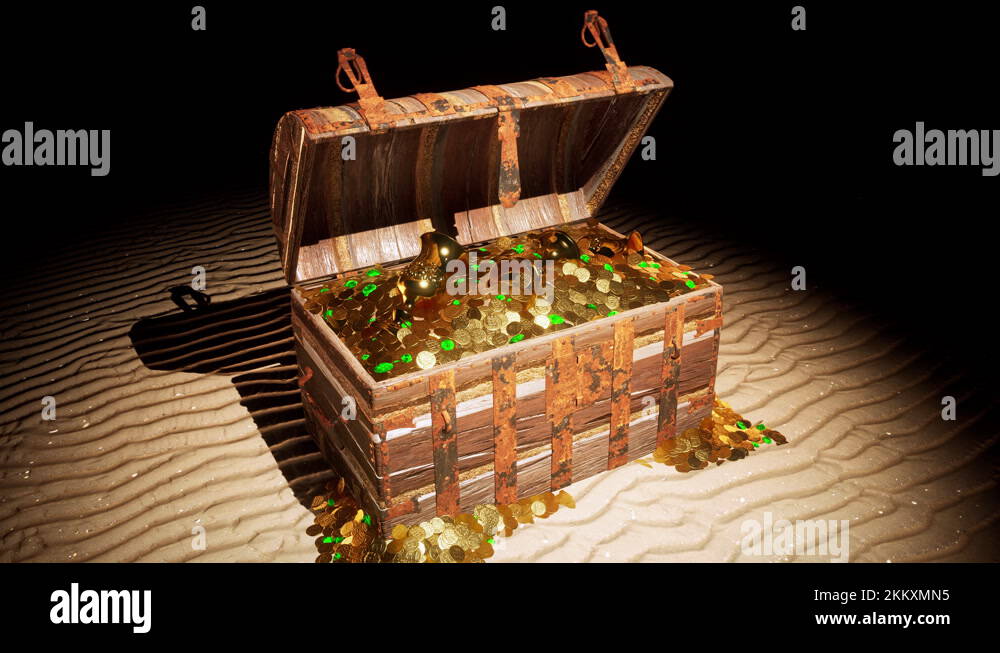 An open treasure chest on the beach at night, full of gold coins and ...